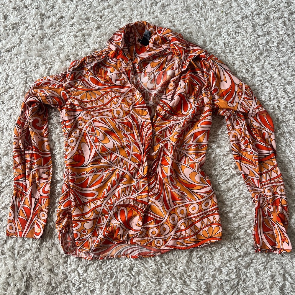 Express Orange Graphic Long Sleeve Button Down Shirt
